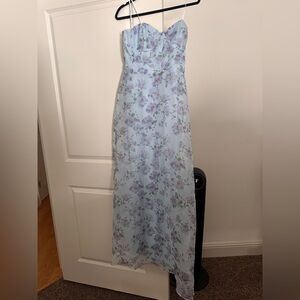 Lulu's Chic Preciousness Light Blue Floral Organza Bustier Maxi Dress